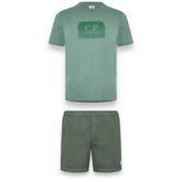 CP COMPANY LARGE PATCH LOGO T-SHIRT & PATCH SWIM SHORTS SET GREEN