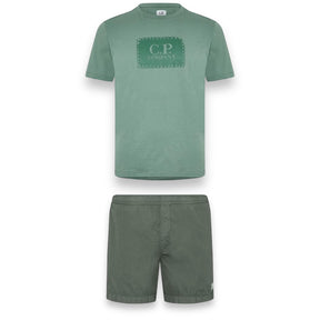 CP COMPANY LARGE PATCH LOGO T-SHIRT & PATCH SWIM SHORTS SET GREEN