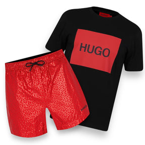 HUGO BOSS HUGO BOX LOGO T-SHIRT & ALL OVER LOGO SWIM SHORTS BLACK & RED