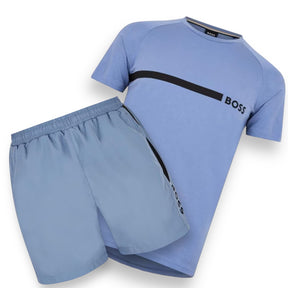 HUGO BOSS STRIPE TRIM T-SHIRT & SWIM SHORTS SET STEEL BLUE