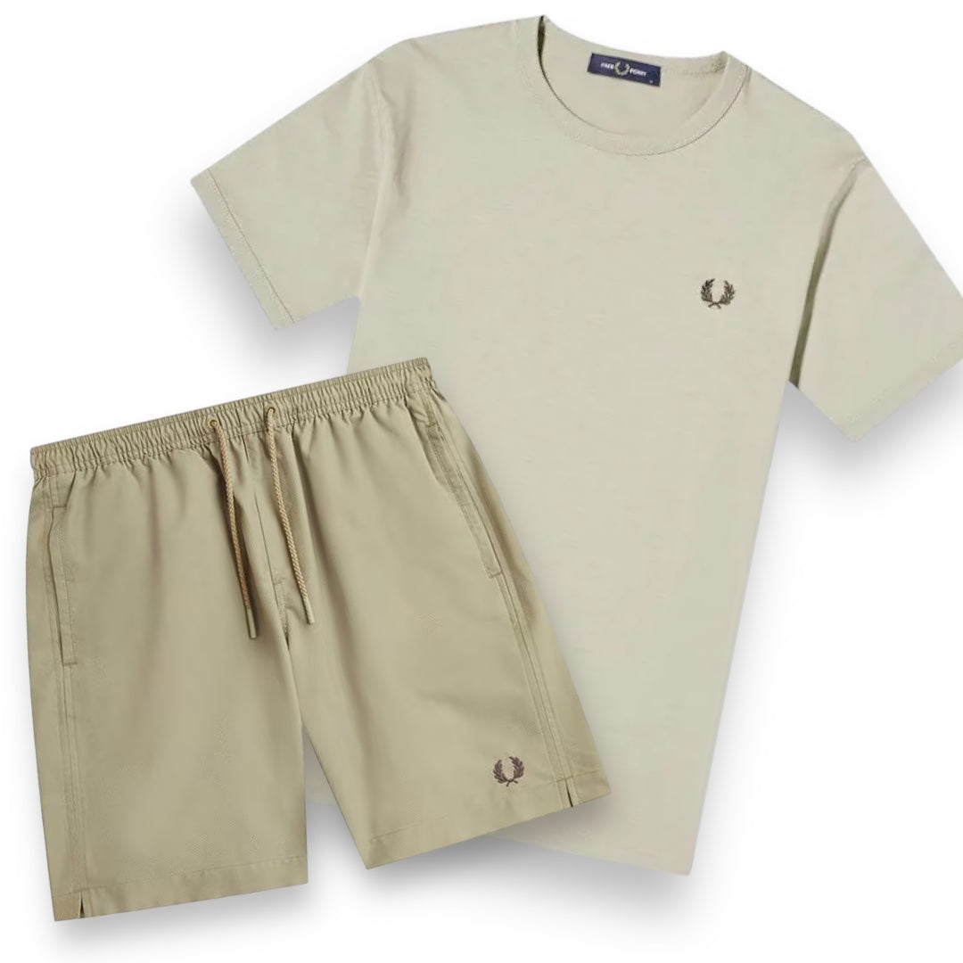 FRED PERRY SMALL LOGO T-SHIRT & SWIM SHORTS SET BEIGE