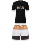 HUGO BOSS BOX 3D TRI LOGO & TRI STRIPE SWIM SHORTS SET BLACK