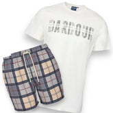 BARBOUR CHECK LOGO T-SHIRT & SWIM SHORTS SET WHITE & BEIGE CHECK