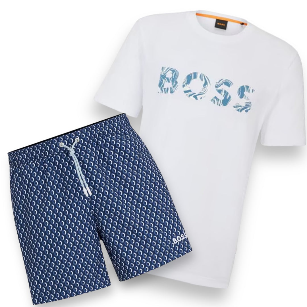 HUGO BOSS WAVE LOGO T SHIRT SHORTS SET WHITE NAVY