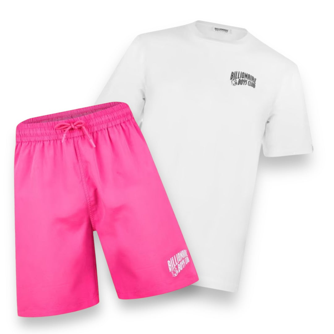 BILLIONAIRE BOYS CLUB SMALL ARCH LOGO T-SHIRT & SWIM SHORTS COMBO WHITE - PINK