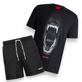 HUGO BOSS HUGO TEETH T-SHIRT & SWIM SHORTS SET BLACK &  BLACK