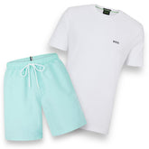 HUGO BOSS SMALL LOGO T-SHIRT & SIDE SWIM SHORTS SET WHITE / AQUA