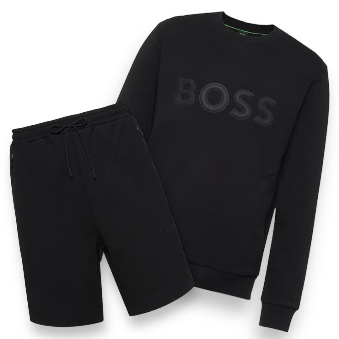 HUGO BOSS BIG LOGO SWEATSHIRT & TECH JERSEY SHORTS SET BLACK