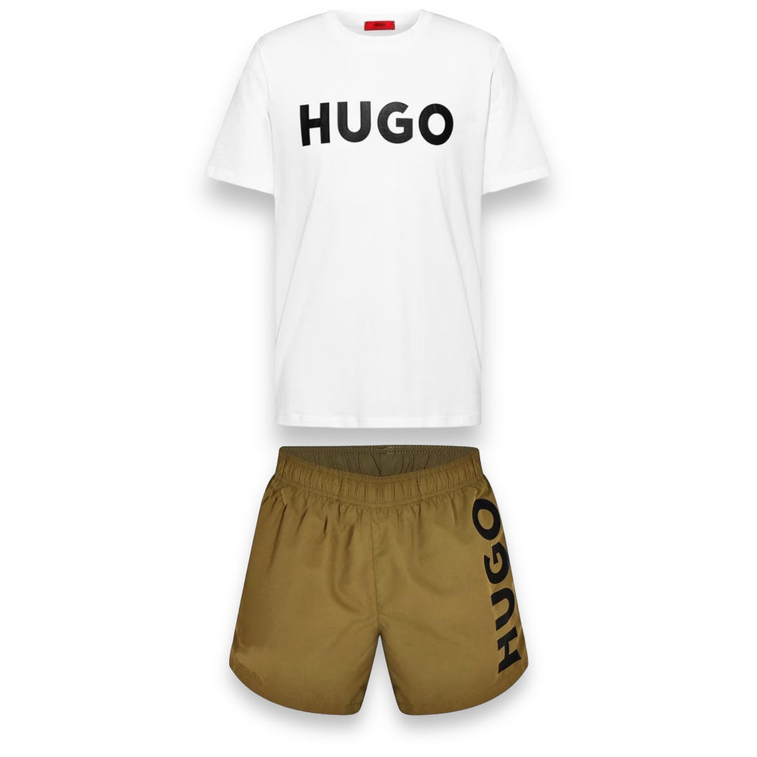 HUGO BOSS HUGO BIG LOGO T-SHIRT & SWIM SHORTS SET WHITE & KHAKI GREEN