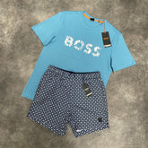 HUGO BOSS WAVE LOGO T-SHIRT & SHORTS SET BRIGHT BLUE / NAVY