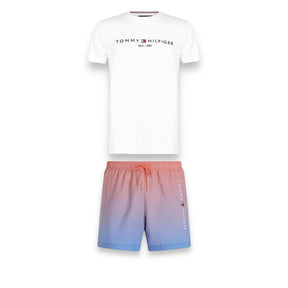 TOMMY HILFIGER FLAG LOGO T-SHIRT & SWIM SHORTS SET WHITE - OMBRÉ ORANGE / BLUE