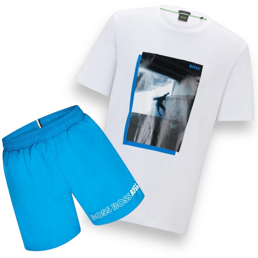 HUGO BOSS SKATE BOX & TRIM SWIM SHORTS SET WHITE / BRIGHT BLUE