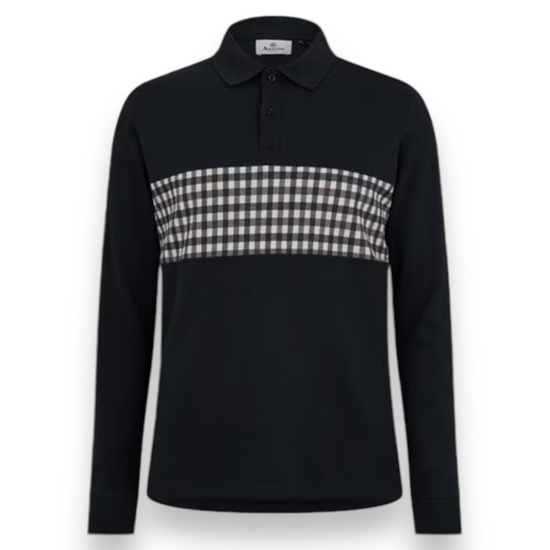 AQUASCUTUM CHECK STRIP LONG SLEEVED POLO SHIRT NAVY BLUE