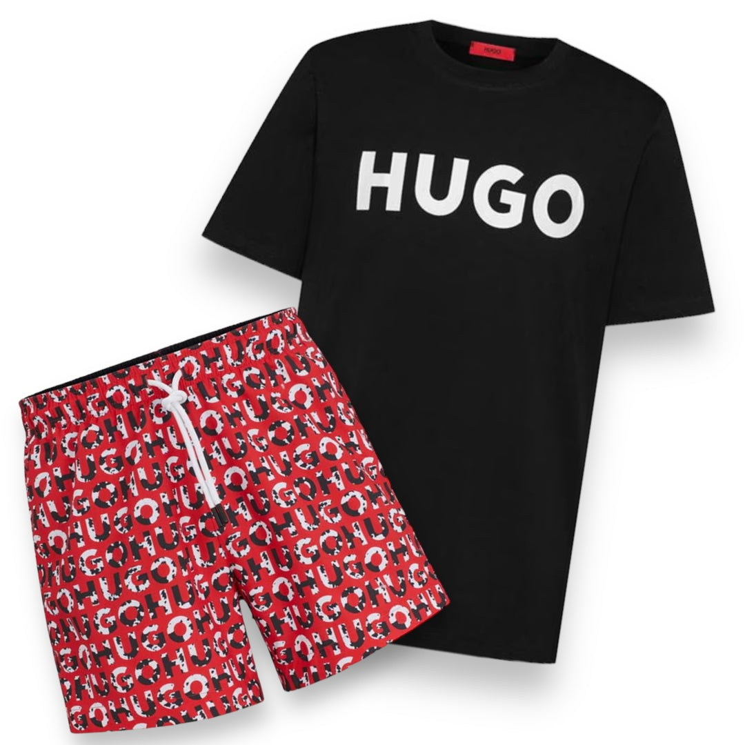 HUGO BOSS HUGO TEXT LOGO T-SHIRT & SWIM SHORTS NEW ALL OVER LOGO SET BLACK & RED