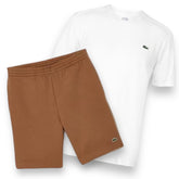 LACOSTE SMALL LOGO T-SHIRT & JERSEY SHORTS SET WHITE & TAN BROWN