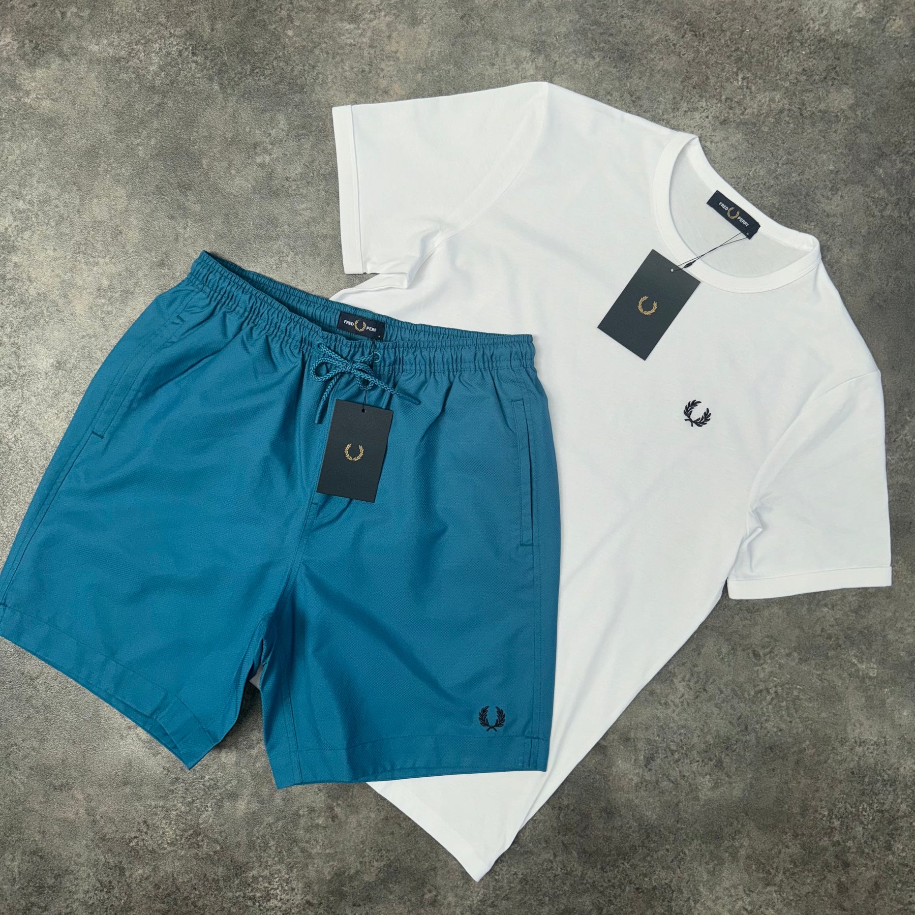 FRED PERRY SMALL LOGO T-SHIRT & SWIM SHORTS SET WHITE & TURQUOISE