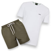 HUGO BOSS SMALL LOGO T-SHIRT & SIDE SWIM SHORTS SET WHITE / KHAKI