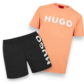 HUGO BOSS HUGO VERTICAL LOGO T-SHIRT & SWIM SHORTS SET PEACH & BLACK