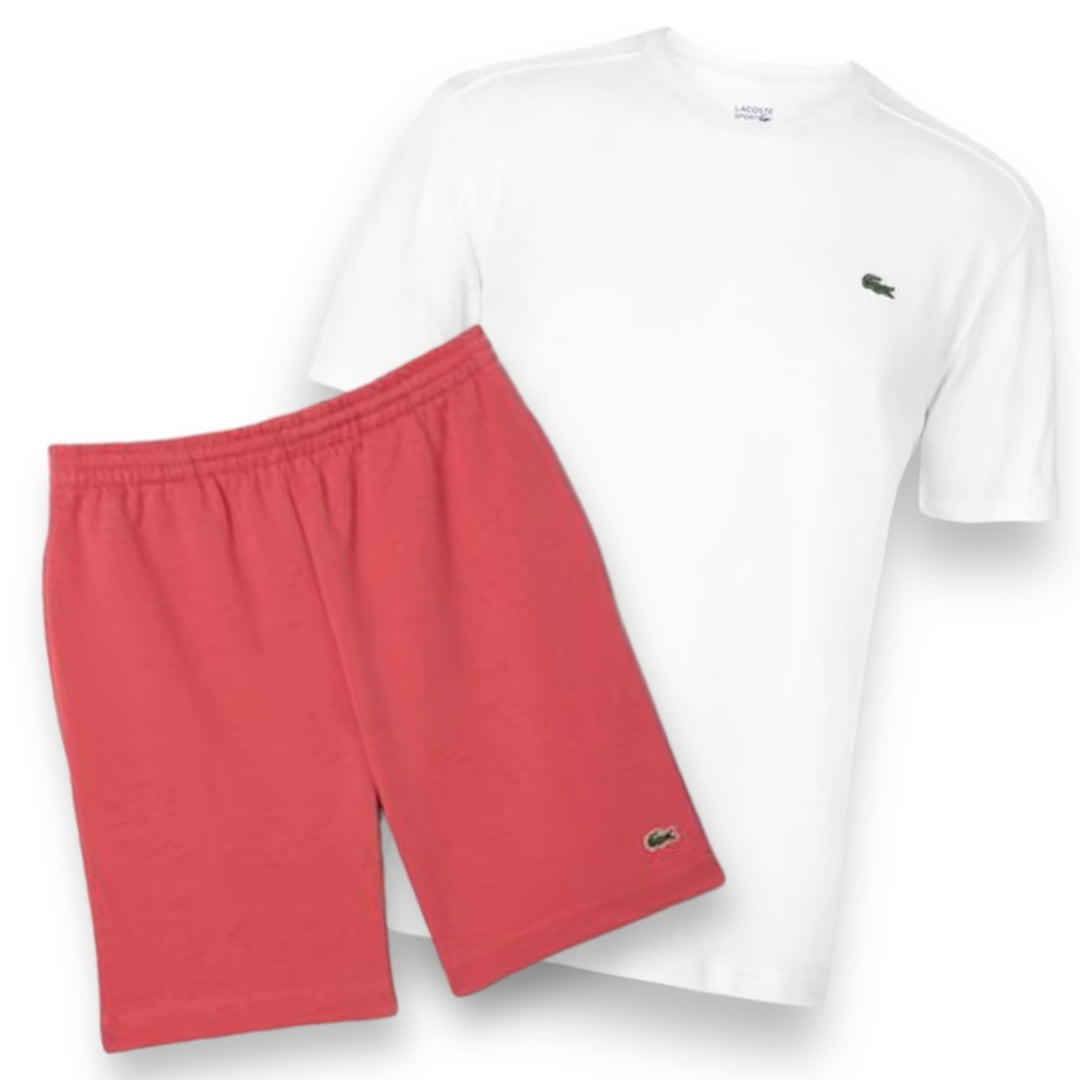 LACOSTE SMALL LOGO T-SHIRT & JERSEY SHORTS SET WHITE & RED