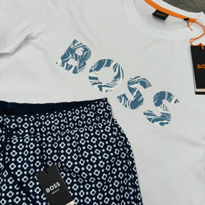 HUGO BOSS WAVE LOGO T-SHIRT & SHORTS SET WHITE / NAVY