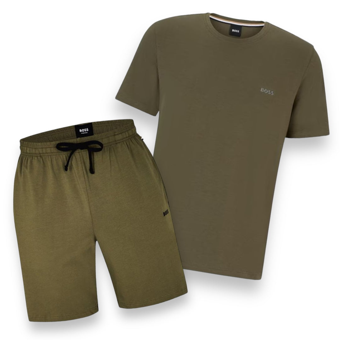 HUGO BOSS MATCH JERSEY T-SHIRT & SHORTS SET KHAKI