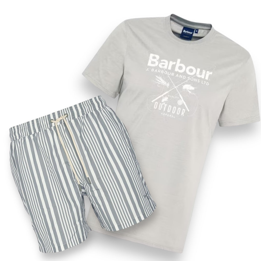 BARBOUR BIG LOGO T-SHIRT & SWIM SHORTS SET GREY & GREY STRIPE