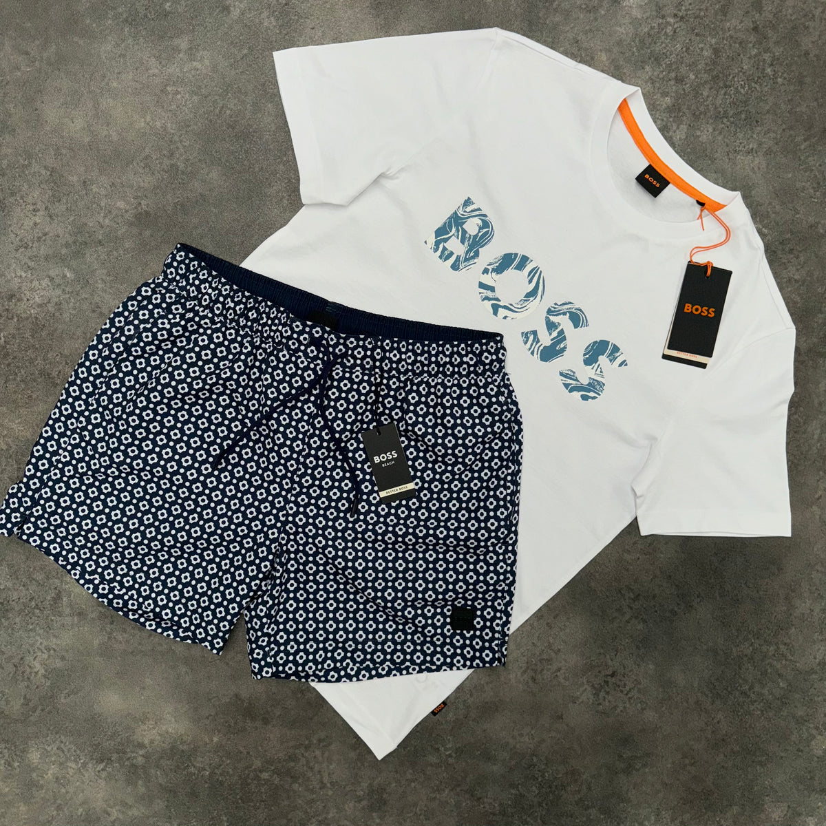 HUGO BOSS WAVE LOGO T-SHIRT & SHORTS SET WHITE / NAVY