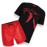 HUGO BOSS HUGO SNAKE T-SHIRT & SWIM SHORTS SET BLACK & RED ALL OVER LOGO