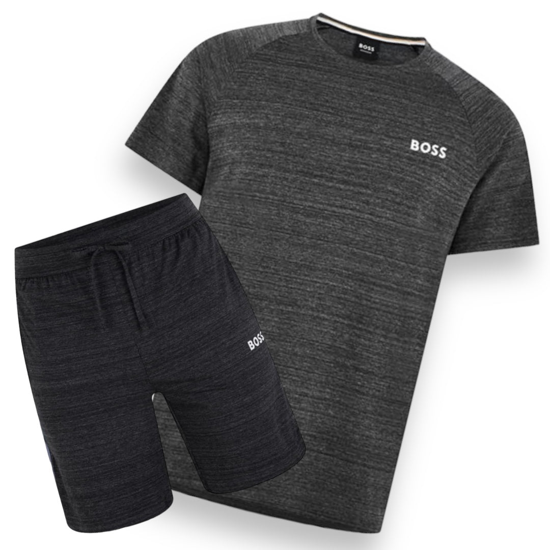 HUGO BOSS EMBROIDERED LOGO T-SHIRT &  SHORTS SET SPACE DYE GREY