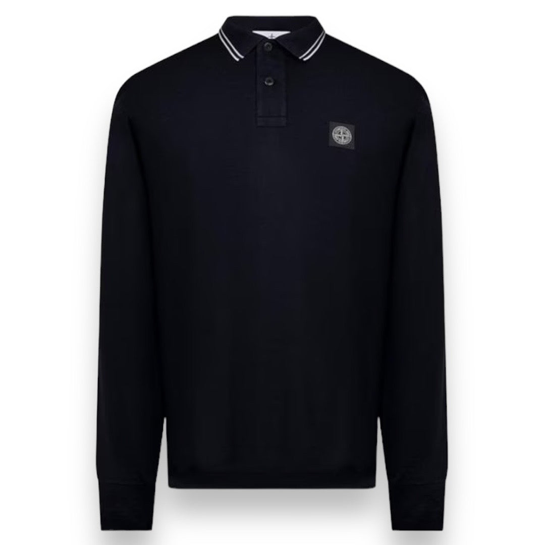 STONE ISLAND PATCH LONG SLEEVED POLO SHIRT NAVY BLUE