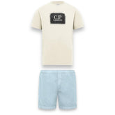 CP COMPANY LARGE PATCH LOGO T-SHIRT & PATCH SWIM SHORTS SET WHITE & LIGHT BLUE