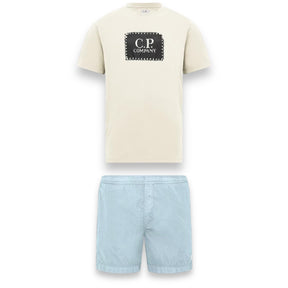 CP COMPANY LARGE PATCH LOGO T-SHIRT & PATCH SWIM SHORTS SET WHITE & LIGHT BLUE