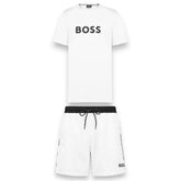 HUGO BOSS BIG LOGO T-SHIRT & STAR SWIM SHORTS SET WHITE & WHITE