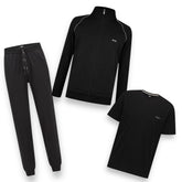 BOSS MIX TRIPLE SET ZIP UP TRACK TOP - JOGGERS & T-SHIRT TRACKSUIT BLACK