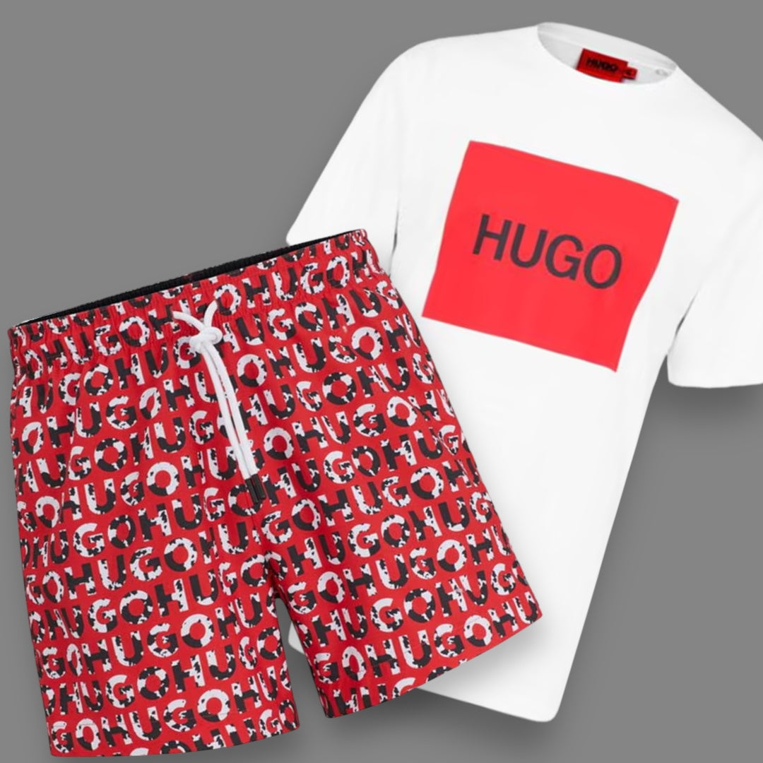 HUGO BOSS HUGO BIG LOGO T-SHIRT & SWIM SHORTS NEW ALL OVER LOGO SET WHITE & RED