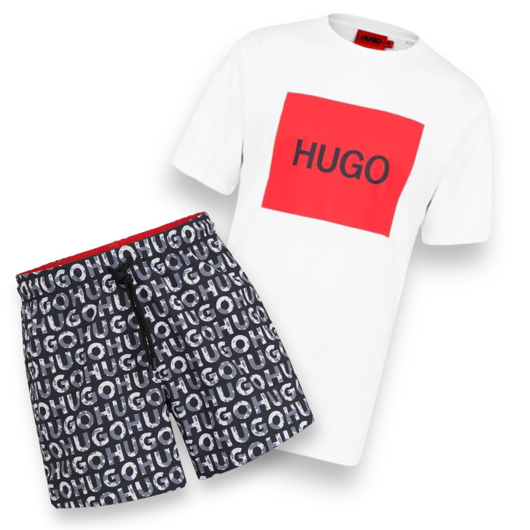 HUGO BOSS HUGO BIG LOGO T-SHIRT & SWIM SHORTS NEW ALL OVER LOGO SET WHITE & BLACK