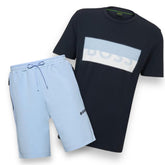 HUGO BOSS LOGO T-SHIRT & TECH JERSEY SHORTS SET NAVY & LIGHT BLUE