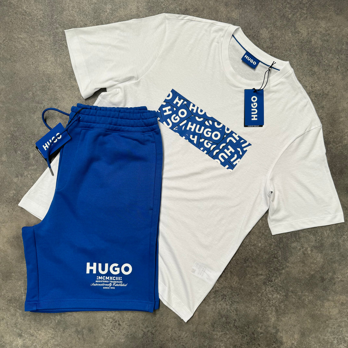HUGO BOSS HUGO MULTI LOGO T-SHIRT & JERSEY SHORTS SET WHITE & ROYAL BLUE