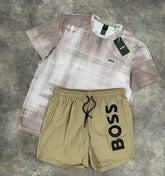 HUGO BOSS ROLL T-SHIRT & VERTI SWIM SHORTS SET KHAKI GREEN