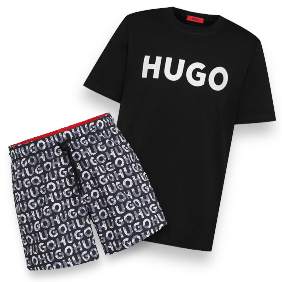 HUGO BOSS HUGO TEXT LOGO T-SHIRT & SWIM SHORTS NEW ALL OVER LOGO SET BLACK & BLACK