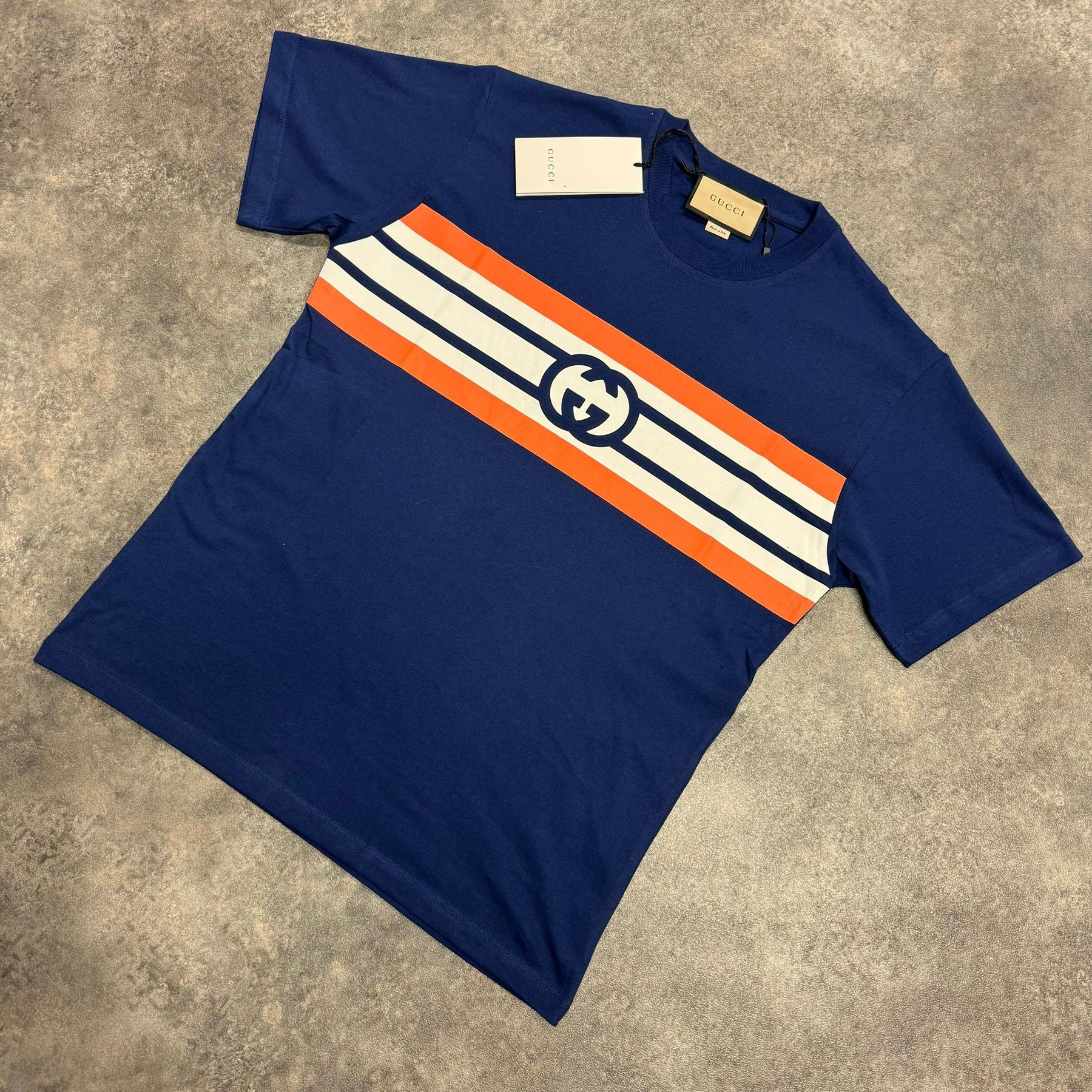 GUCCI GG STRIPE LOGO T-SHIRT BLUE / ORANGE