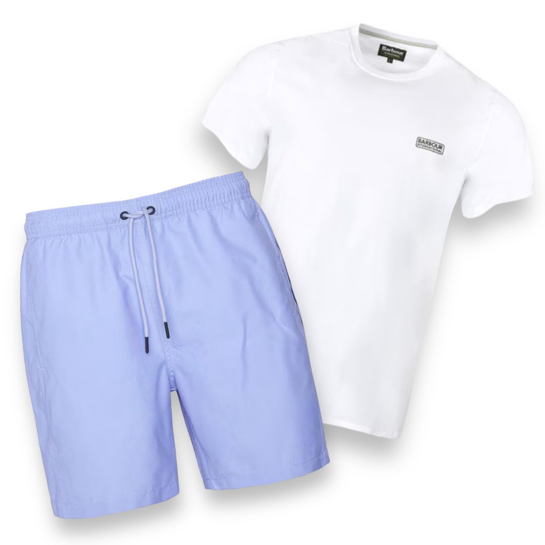 BARBOUR INTERNATIONAL SMALL LOGO T-SHIRT & SWIM SHORTS SET WHITE & PASTEL BLUE