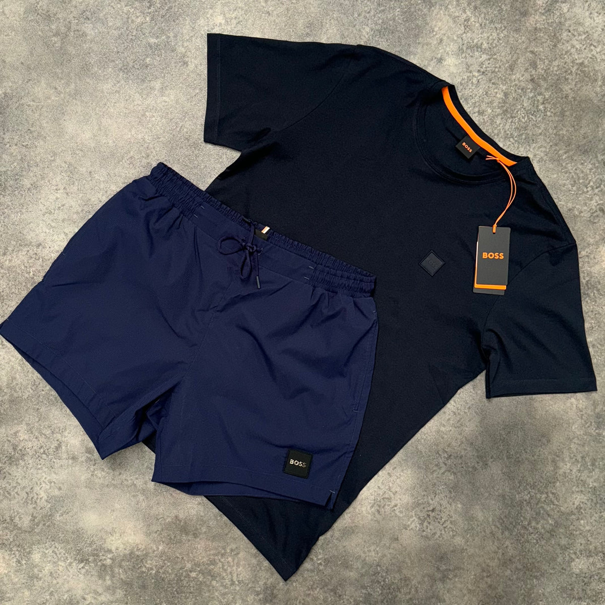 HUGO BOSS PATCH LOGO T-SHIRT & SWIM SHORTS SET NAVY BLUE