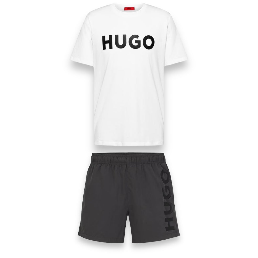 HUGO BOSS HUGO BIG LOGO T-SHIRT & SWIM SHORTS SET WHITE & CHARCOAL GREY