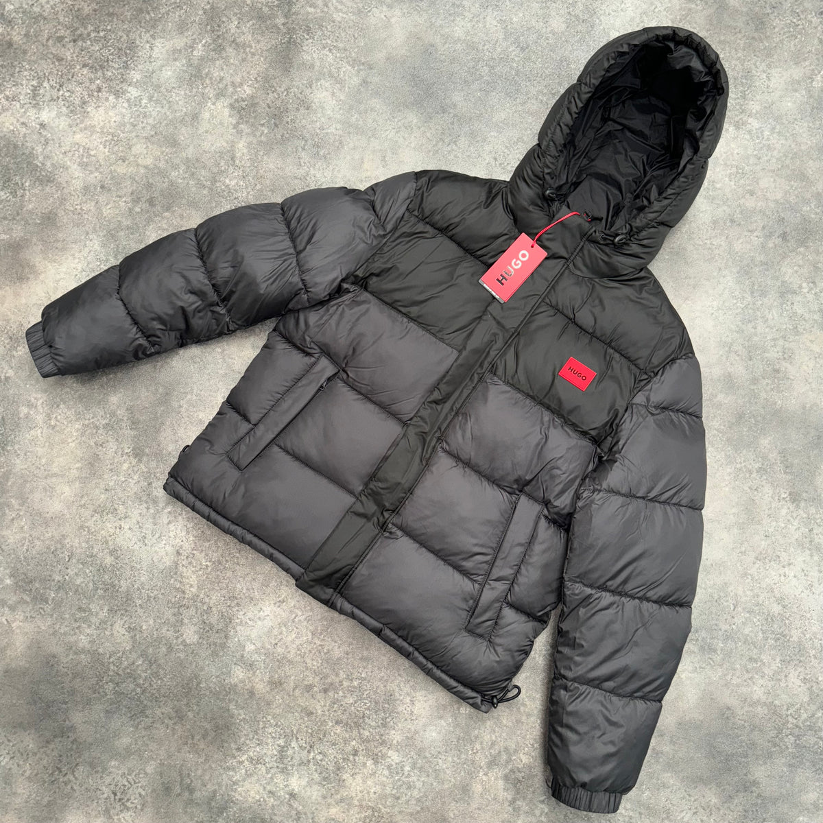 HUGO RED PATCH HOODED PUFFER JACKET GRAPHITE GREY