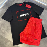 HUGO BOSS HUGO EMBROIDERED SQUARE & ALL OVER LOGO SHORTS BLACK & RED SET
