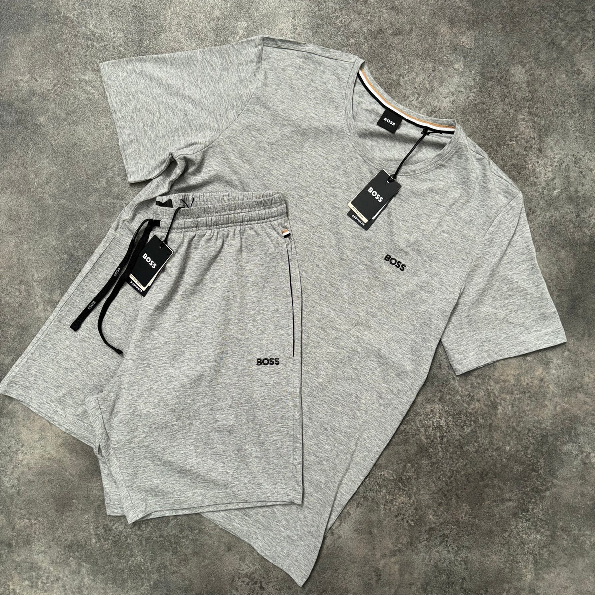 HUGO BOSS EMBROIDERED LOGO T-SHIRT & JERSEY SHORTS SET GREY