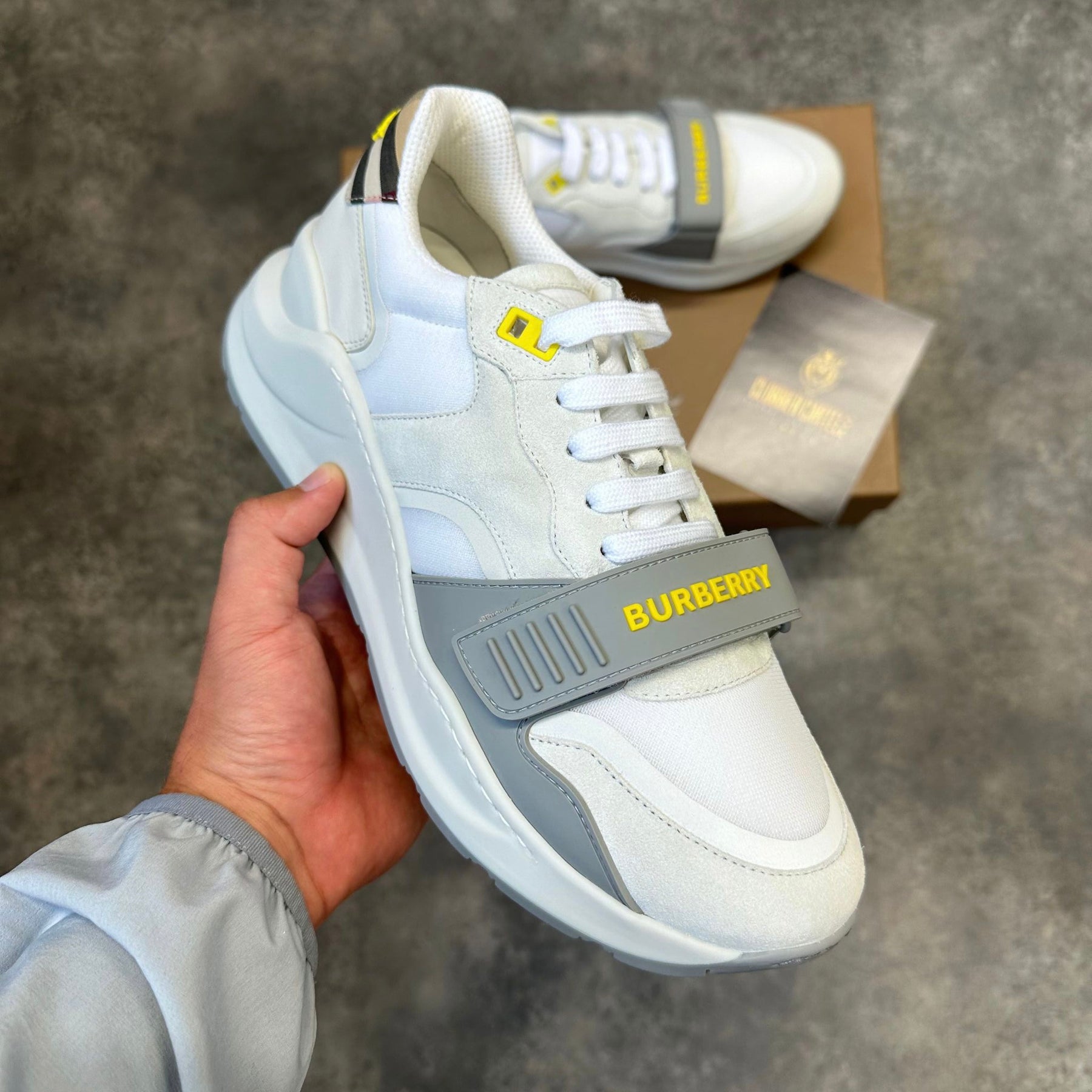BURBERRY RAMSEY STRAP TRAINERS WHITE / GREY / YELLOW