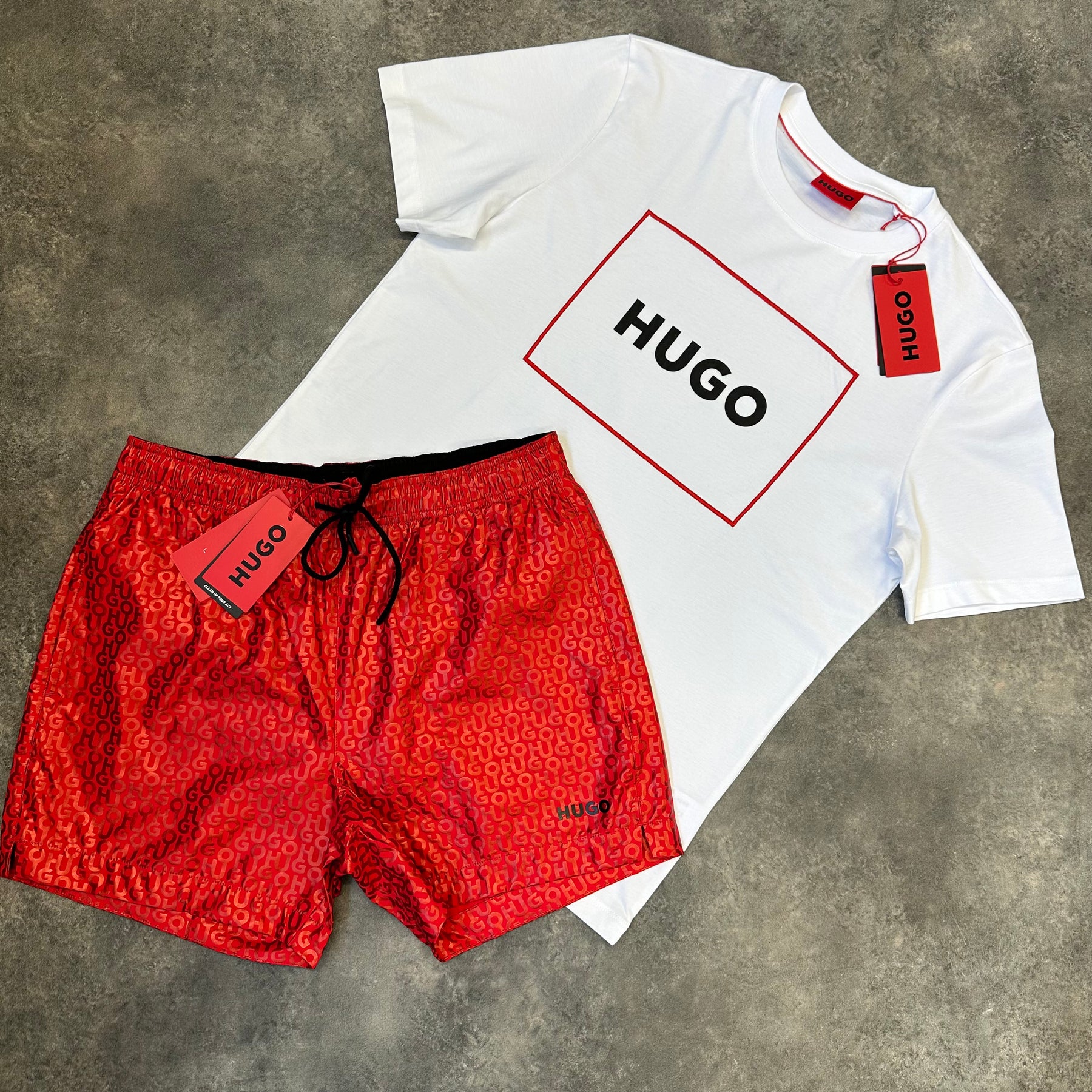 HUGO BOSS HUGO EMBROIDERED LOGO T-SHIRT & ALL OVER LOGO SWIM SHORTS SET WHITE & RED