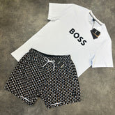 HUGO BOSS LOGO T-SHIRT & WAVE SWIM SHORTS SET WHITE / BLACK / BROWN